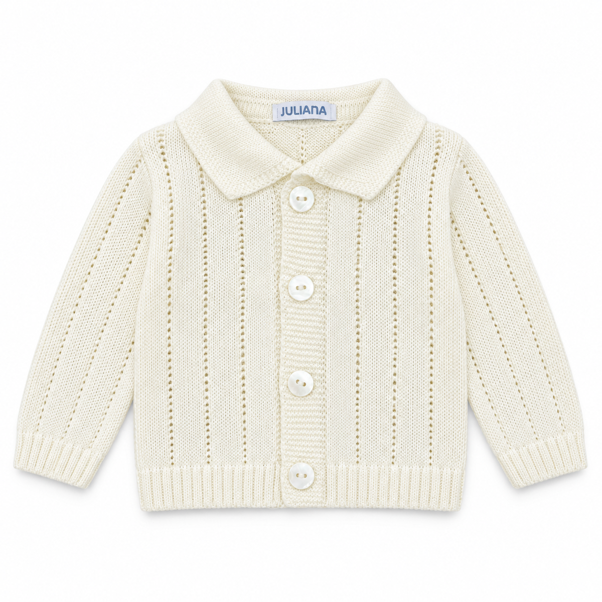 Juliana Avellana boys cream collared knitted cardigan with four shell buttons, flat lay.
