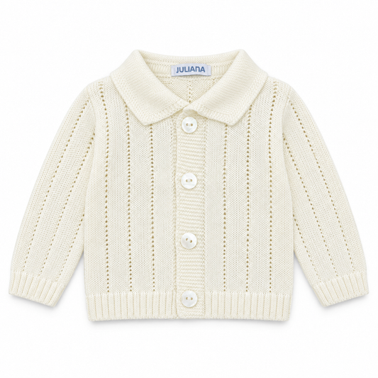 Juliana Avellana boys cream collared knitted cardigan with four shell buttons, flat lay.