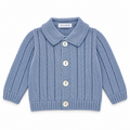 Juliana Avellana boys ice blue collared knitted cardigan with four shell buttons, flat lay.