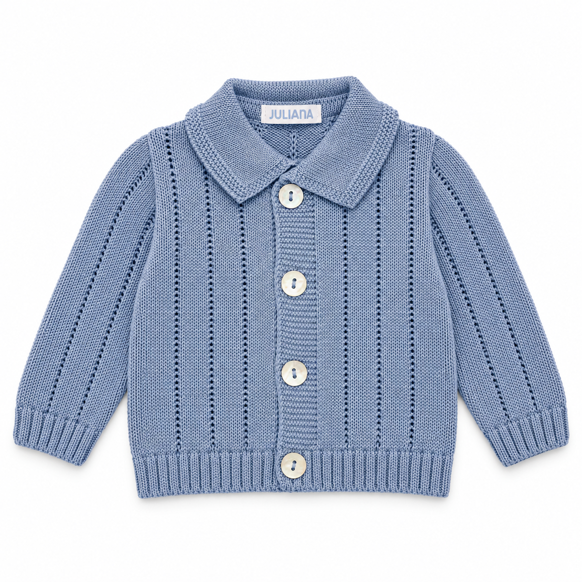 Juliana Avellana boys ice blue collared knitted cardigan with four shell buttons, flat lay.