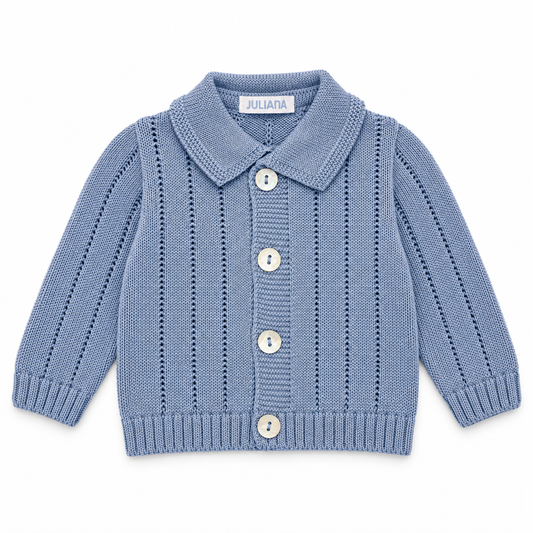 Juliana Avellana boys ice blue collared knitted cardigan with four shell buttons, flat lay.