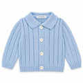 Juliana Avellana boys pale blue collared knitted cardigan with four shell buttons, flat lay.
