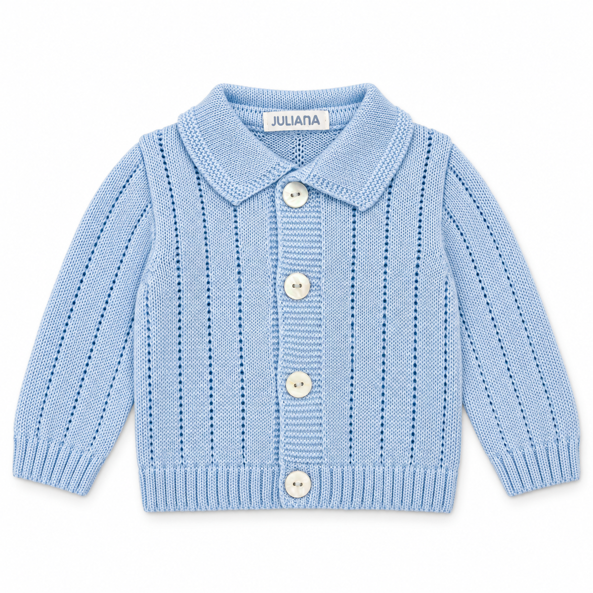 Juliana Avellana boys pale blue collared knitted cardigan with four shell buttons, flat lay.