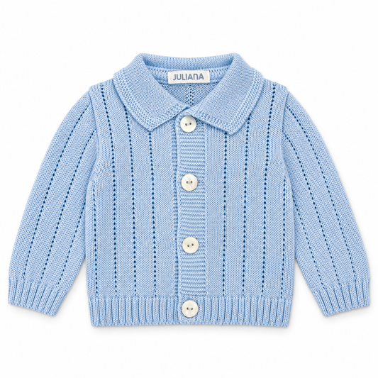 Juliana Avellana boys pale blue collared knitted cardigan with four shell buttons, flat lay.
