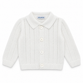 Juliana Avellana boys white collared knitted cardigan with four shell buttons, flat lay.