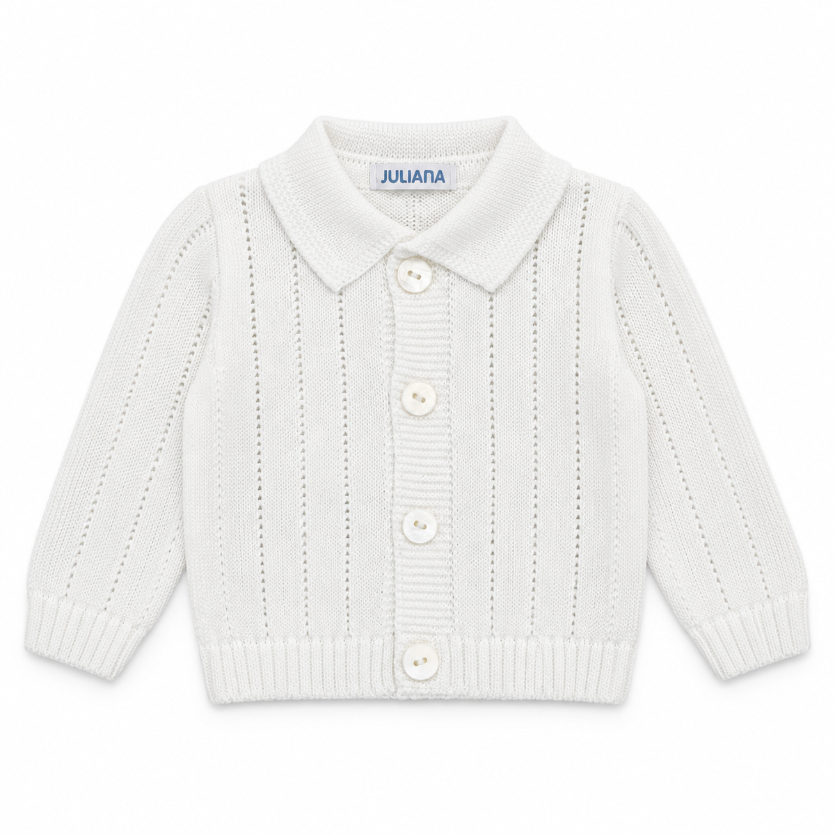 Juliana Avellana boys white collared knitted cardigan with four shell buttons, flat lay.