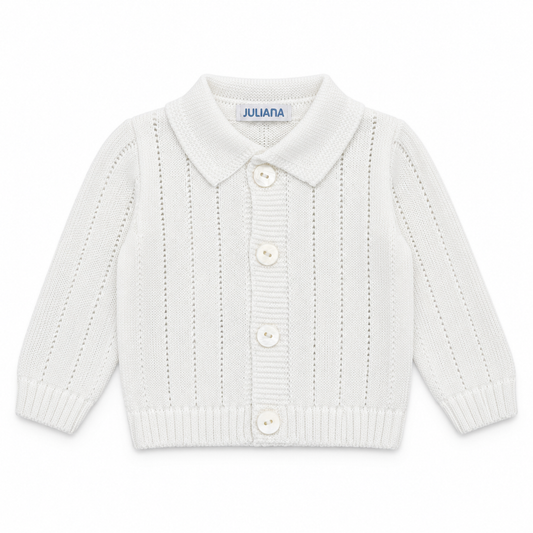 Juliana Avellana boys white collared knitted cardigan with four shell buttons, flat lay.