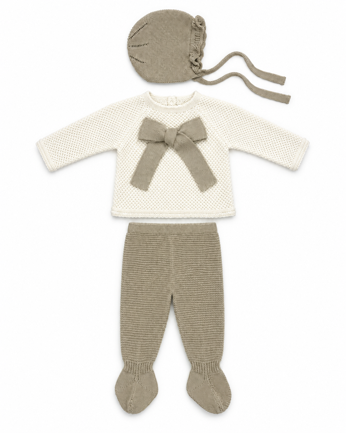 Juliana Azahar cream and beige three-piece knitted baby set flat lay - 26035