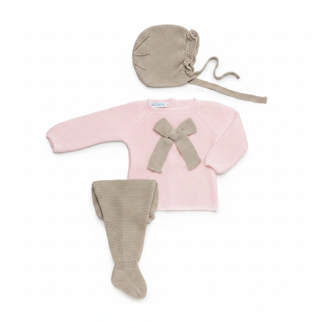 JULIANA Azahar Knitted Set with Bonnet - Pink & Beige
