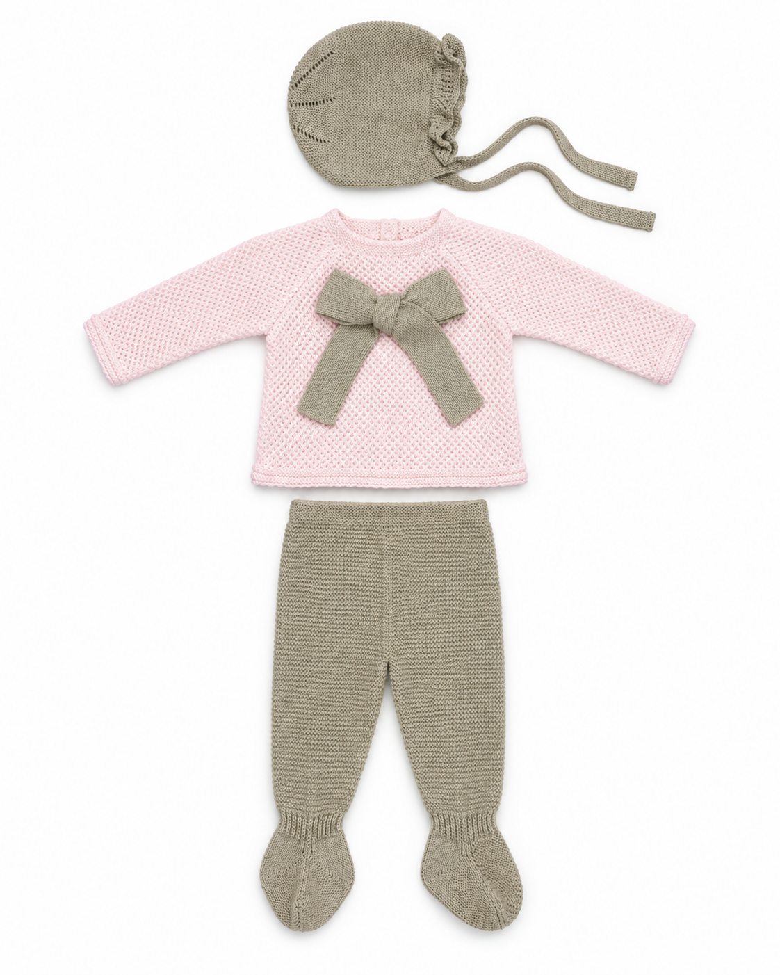 Juliana Azahar pink and beige three-piece knitted baby set flat lay - 26035