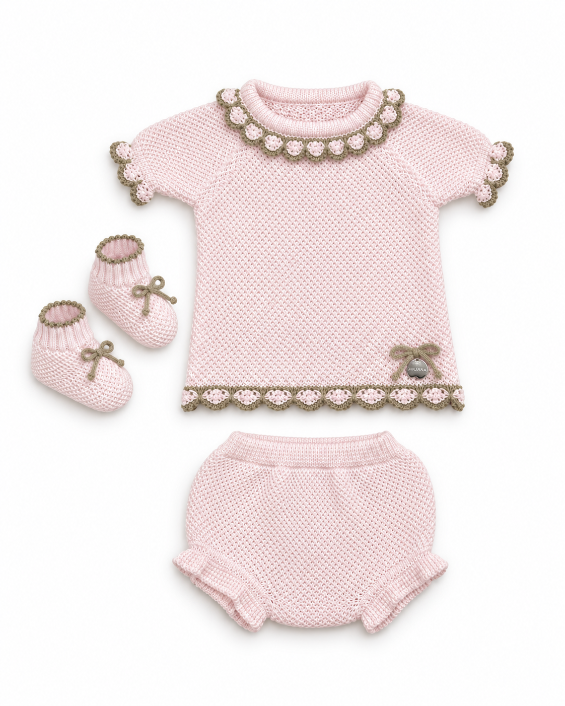 Juliana Azahar pink and beige four-piece knitted baby outfit flat lay - 26062