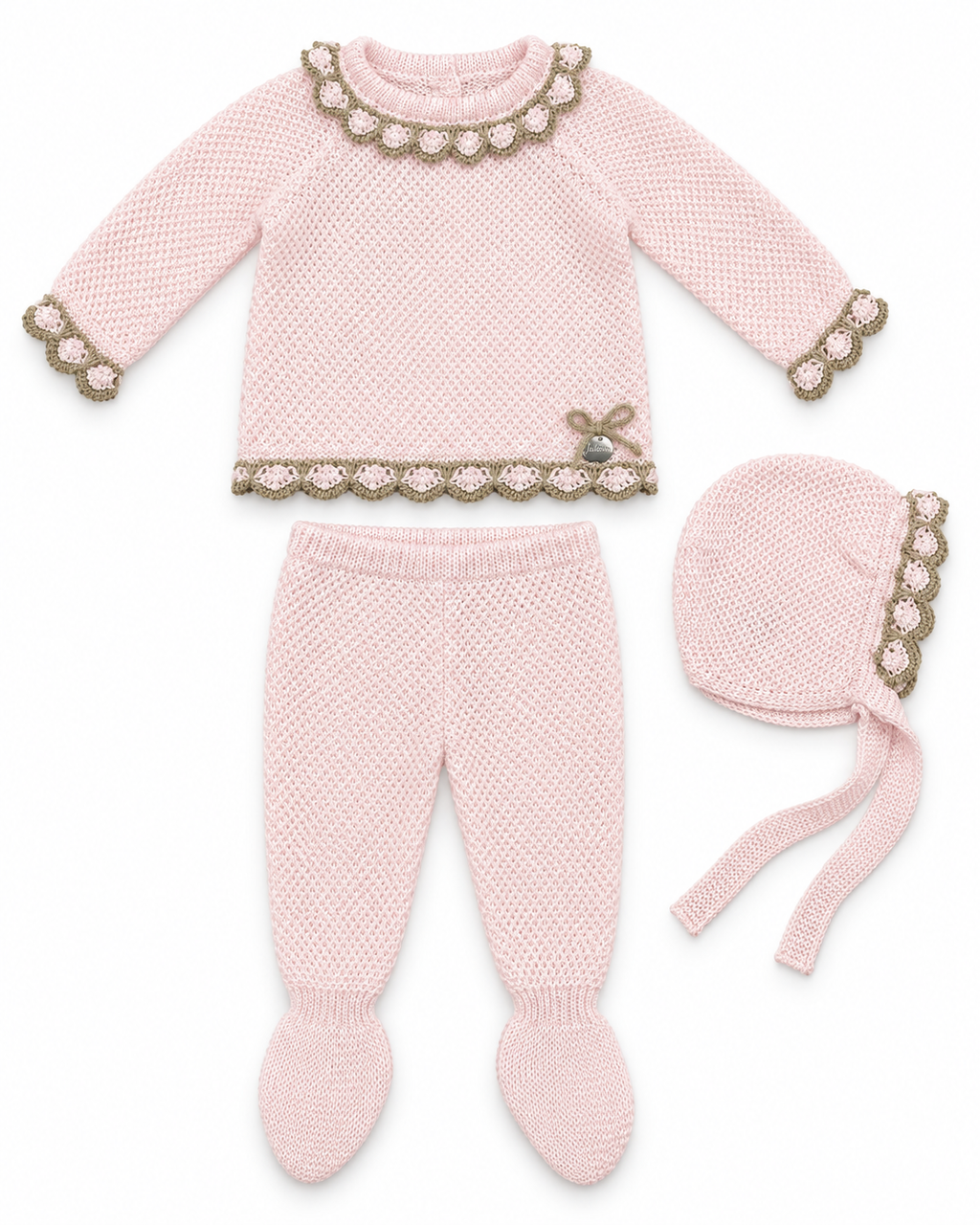 Juliana Azahar pink and beige three-piece knitted baby set flat lay with bonnet - 26028