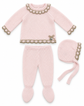 Juliana Azahar pink and beige three-piece knitted baby set flat lay with bonnet - 26028