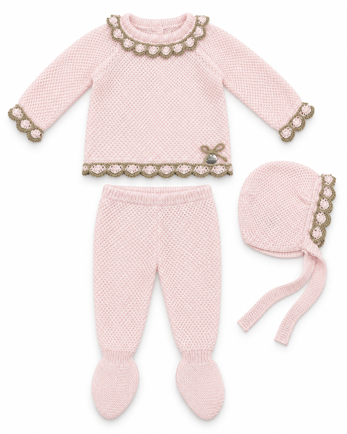 Juliana Azahar pink and beige three-piece knitted baby set flat lay with bonnet - 26028