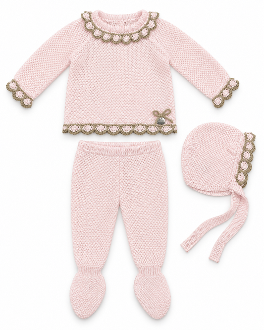 Juliana Azahar pink and beige three-piece knitted baby set flat lay with bonnet - 26028