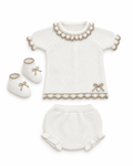 Juliana Azahar white and beige four-piece knitted baby outfit flat lay - 26062