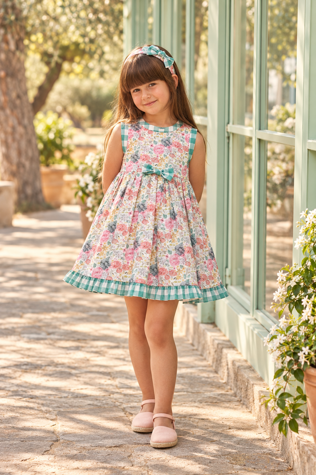 Girl wearing the Juliana Azucar green floral dress, front lifestyle view