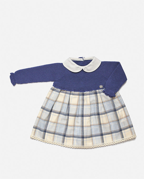 Juliana Azulina baby girls blue knitted dress with checked skirt