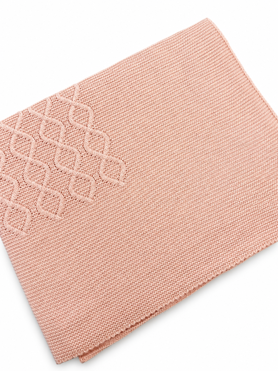 Juliana Blush girls pink knitted baby blanket flat lay showing diamond knit detail
