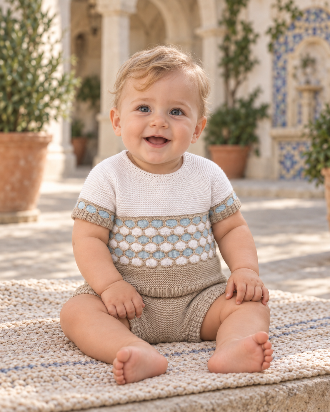 Baby boy wearing the Juliana Canela beige, ivory and pale blue knitted short set in a Spanish courtyard.