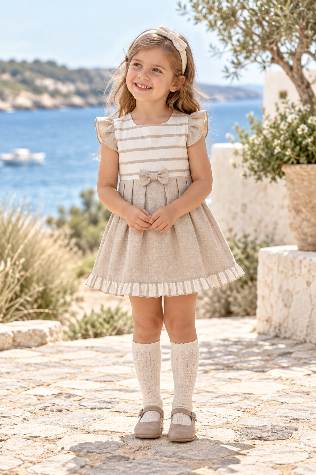 Girl wearing Juliana Cap Negre beige and cream linen dress in a Spanish coastal setting