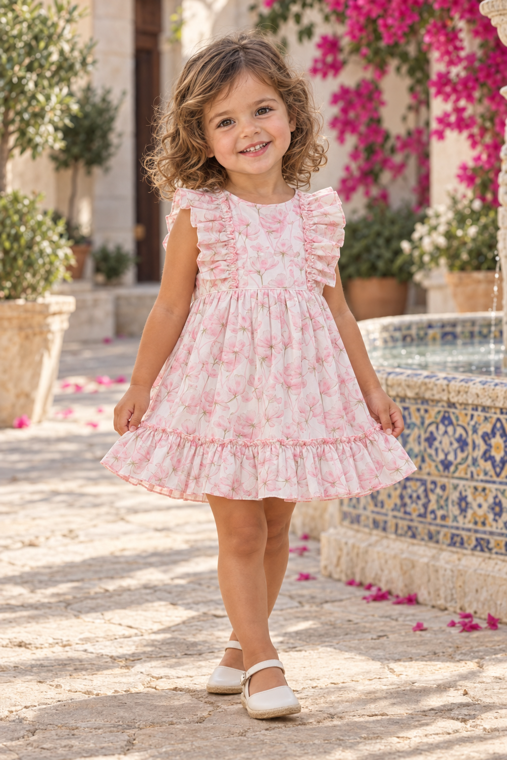 Toddler girl wearing the Juliana Caramelo pink floral ruffle dress beside a tiled fountain in a Spanish courtyard.