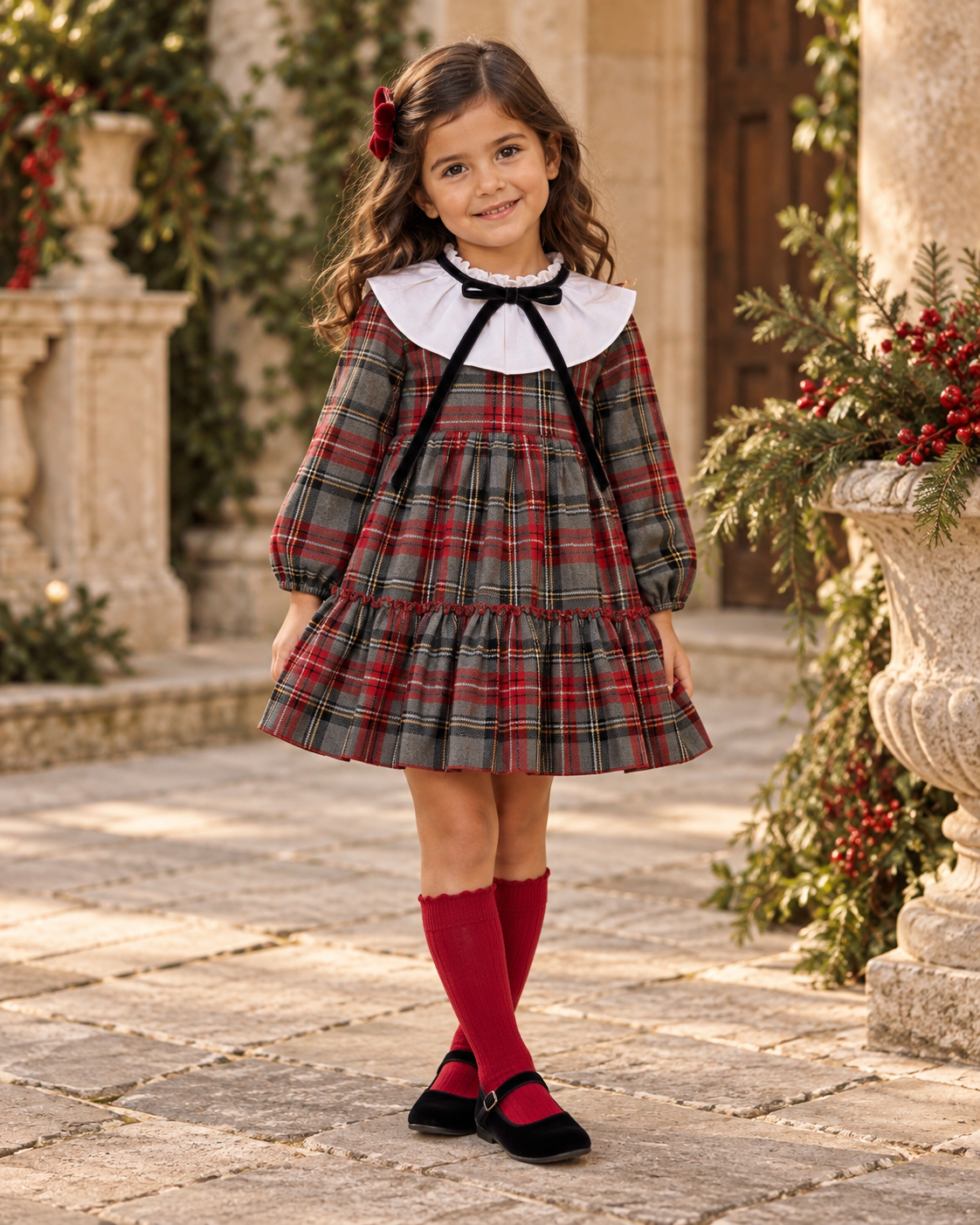 Girl wearing Juliana Melodia red and grey tartan dress with white collar, black velvet bow, red socks and black shoes