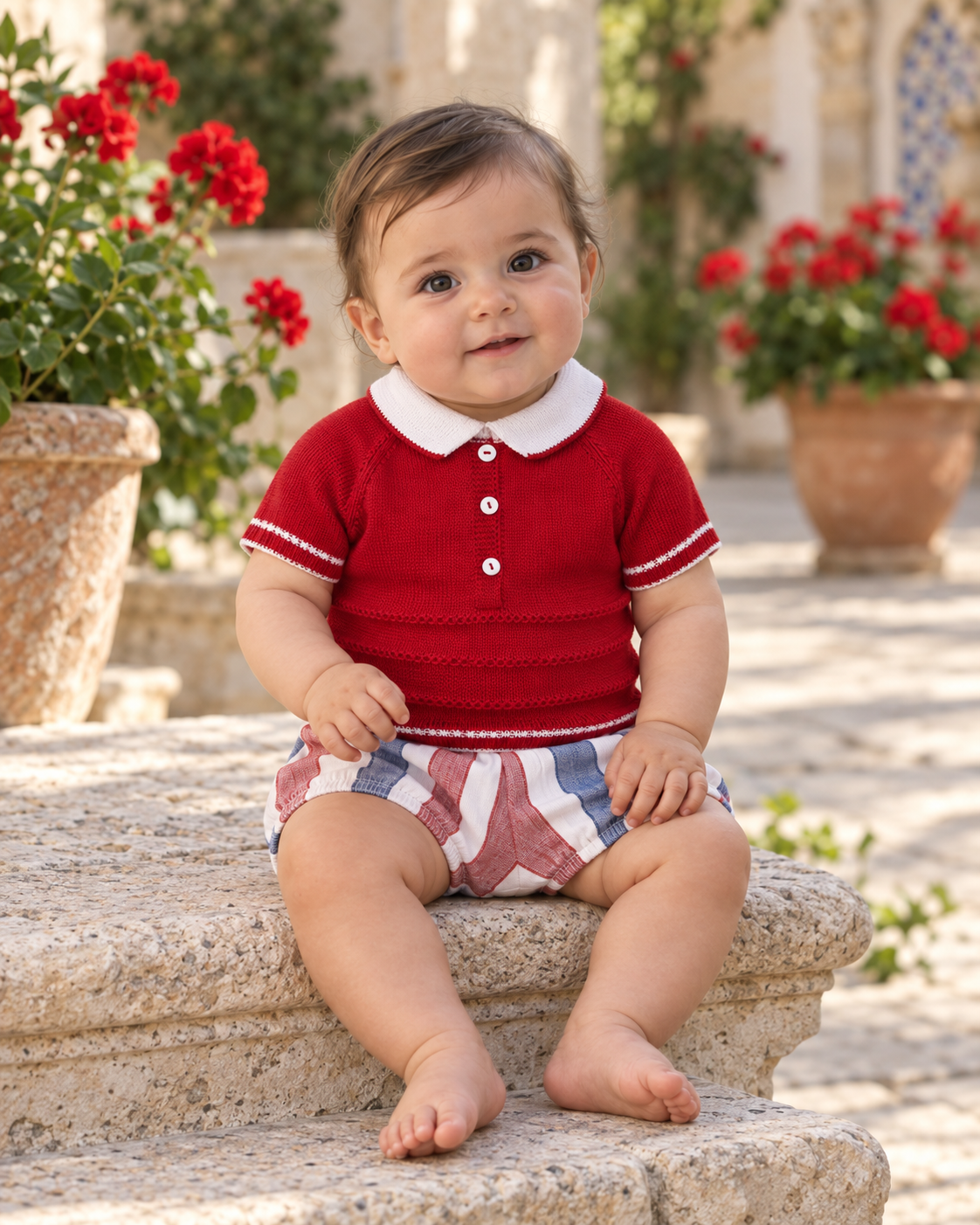Baby boy wearing the Juliana Sandia red knitted polo and blue striped bloomer short set in a Spanish courtyard