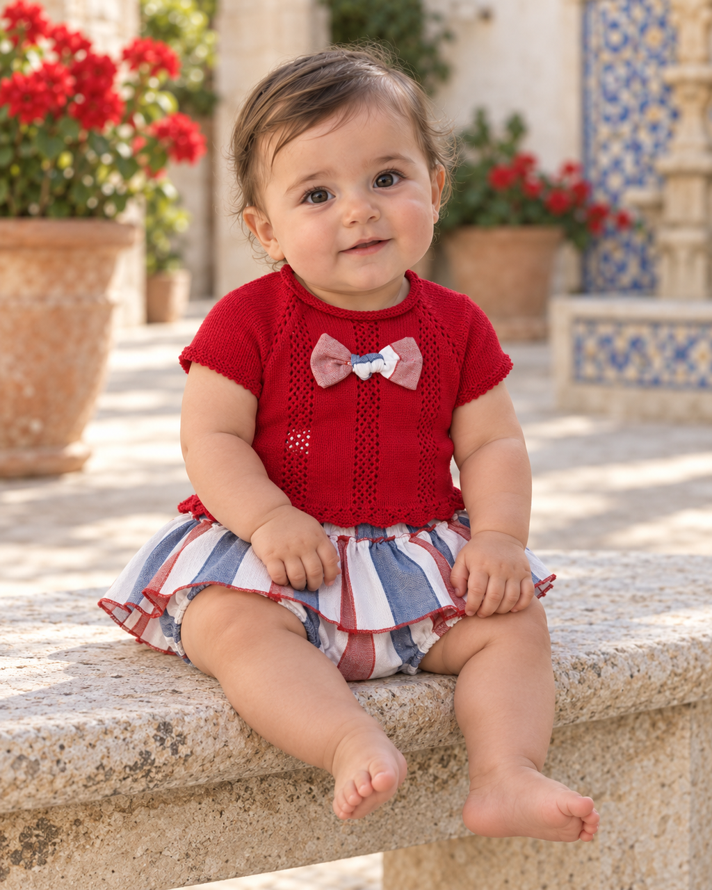 Baby girl wearing the Juliana Sandia red knitted top and striped peplum jam pant set in a Spanish courtyard