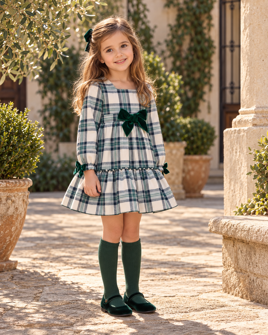 Girl wearing Juliana Sinfonia green and navy tartan dress with emerald velvet bows