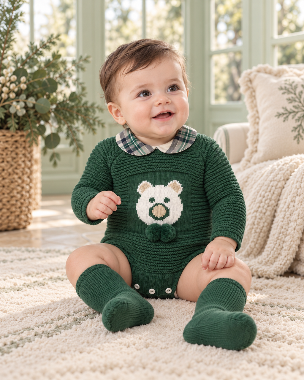 Baby boy wearing Juliana Sinfonia green knitted teddy bear romper with tartan collar