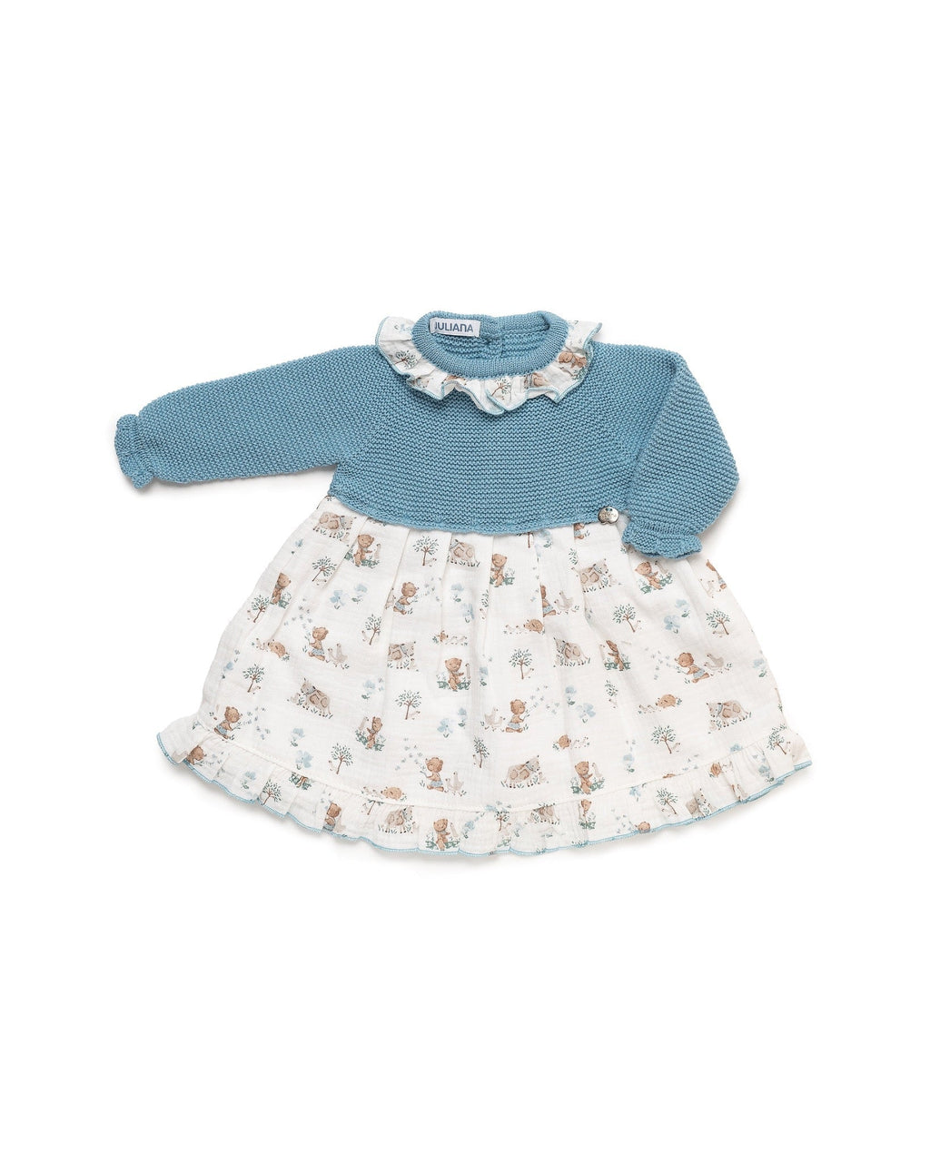 Juliana Trazos girls blue knitted dress with woodland print skirt