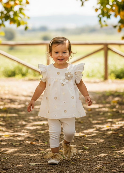 BIMBALO Girls Cream & Beige Floral Embroidered Leggings Set - 8080