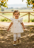 BIMBALO Girls Cream & Beige Floral Embroidered Leggings Set - 8080