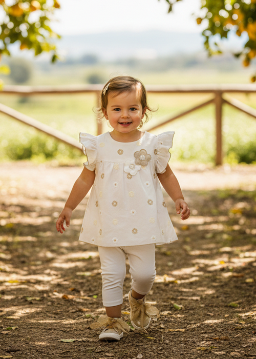 BIMBALO Girls Cream & Beige Floral Embroidered Leggings Set - 8080