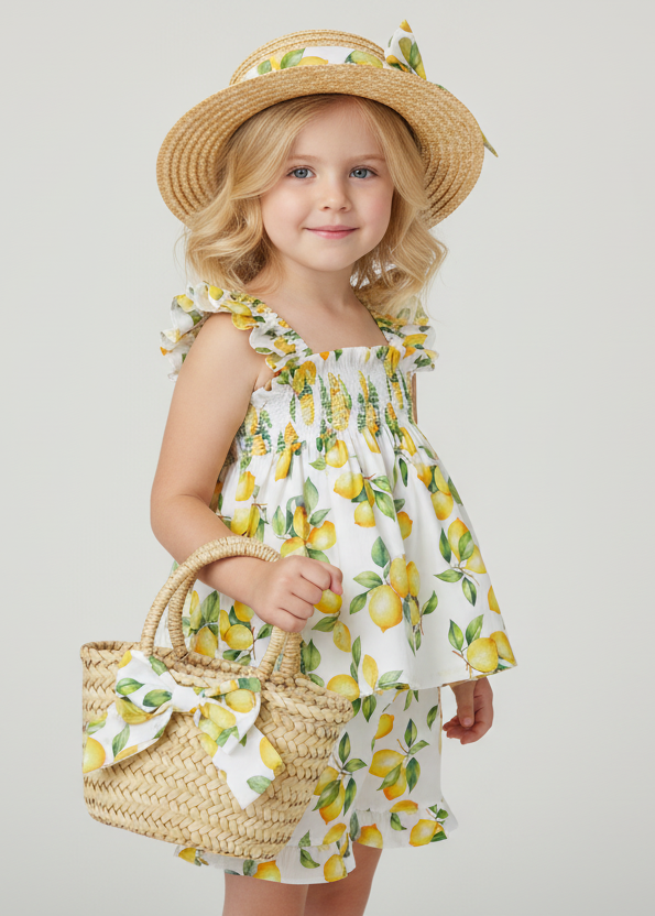 Lemon print dress, sun hat and basket bag on a little girl