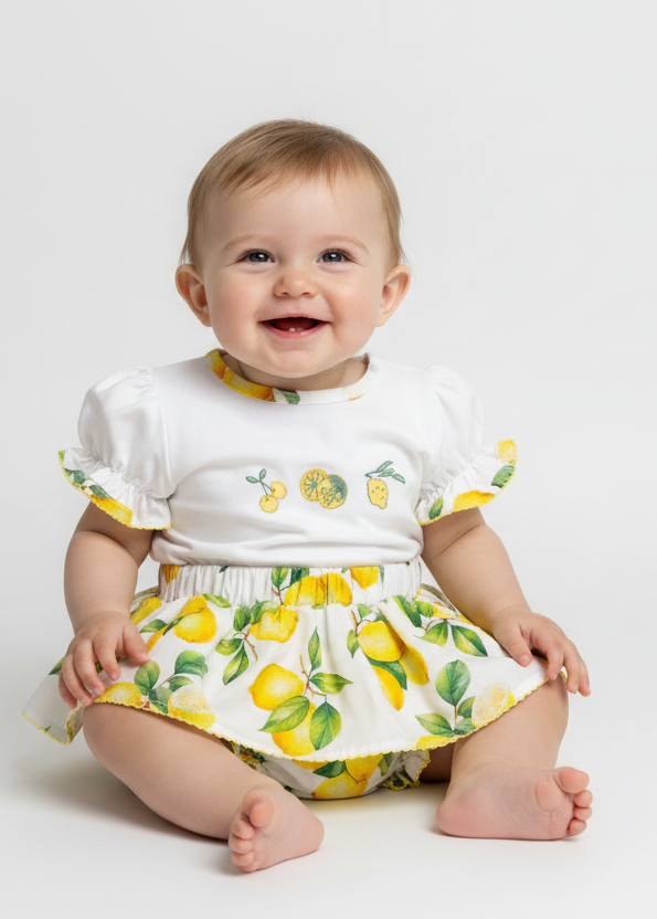 Lemon print outfit with shorter skirt on a baby girl