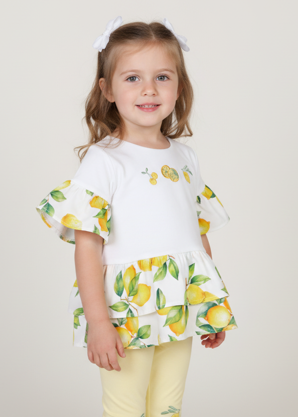 Lemon print top and yellow leggings on a little girl