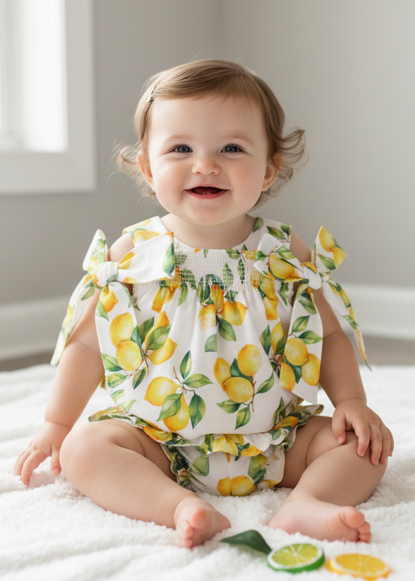 Lemon print two-piece outfit on a baby girl
