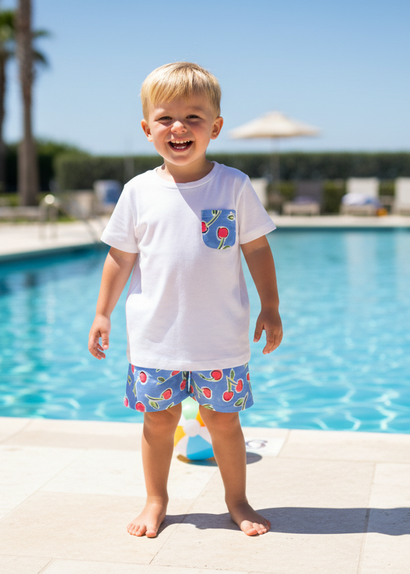 Little boy in cherry print outfit by swimming pool