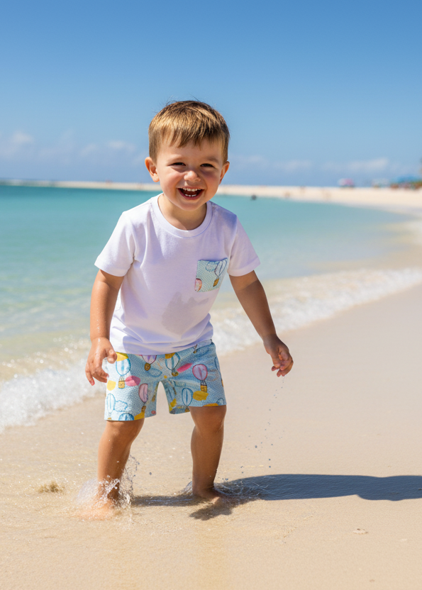 Little boy in hot air balloon outfit at beach/pool