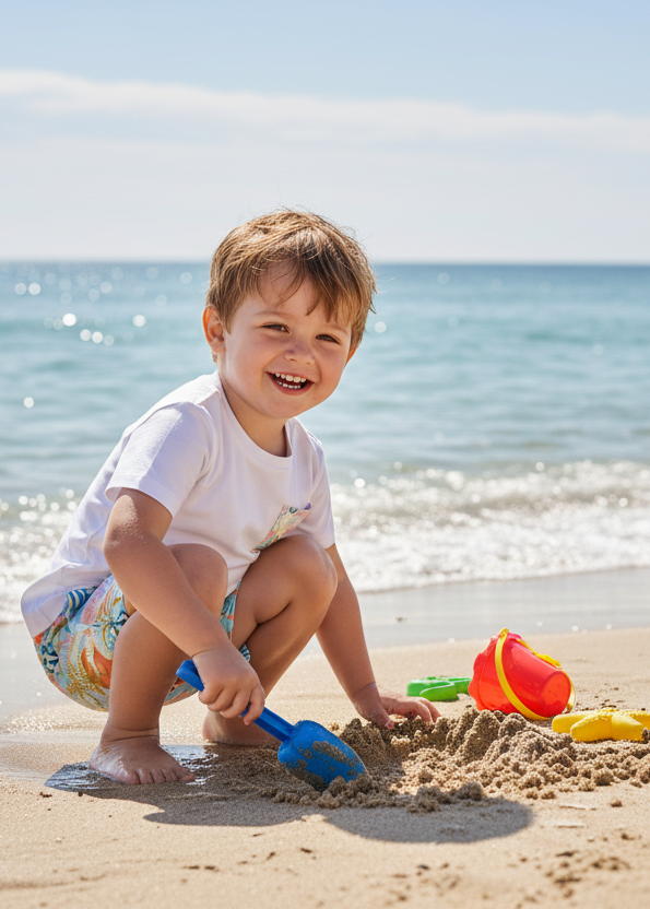 Little boy in tropical floral outfit at beach/pool