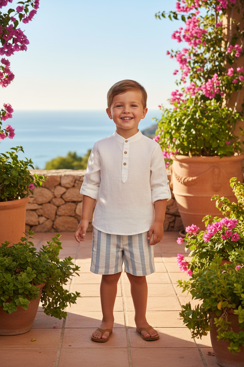 Little boy in white linen shirt and stripe shorts in sunny setting