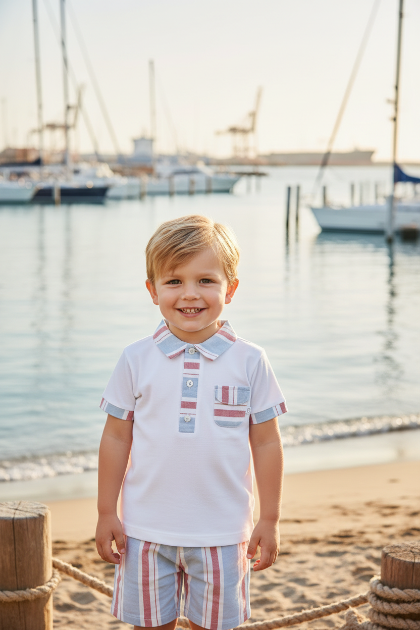 Little boy wearing nautical polo and striped shorts at beach/marina