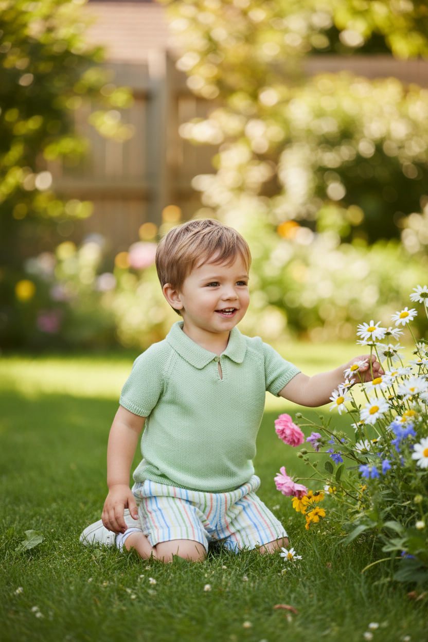 Little boy wearing sage green polo with striped shorts in summer scene