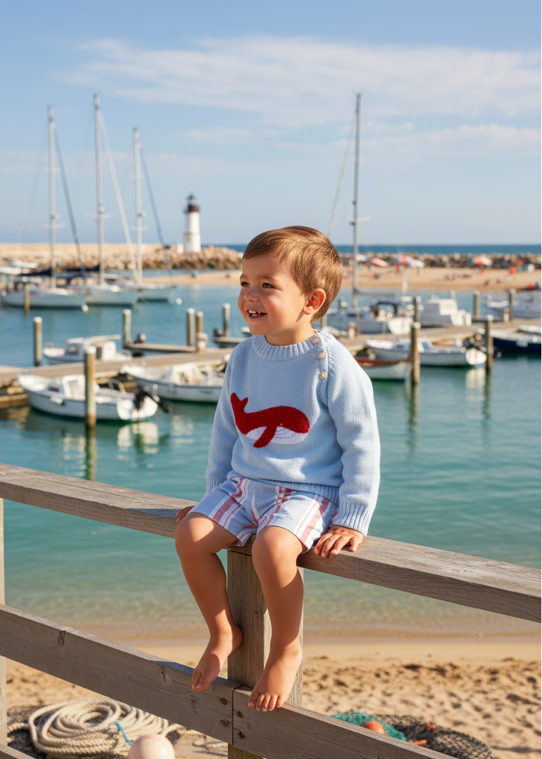 Little boy wearing whale sweater with striped shorts at marina/beach