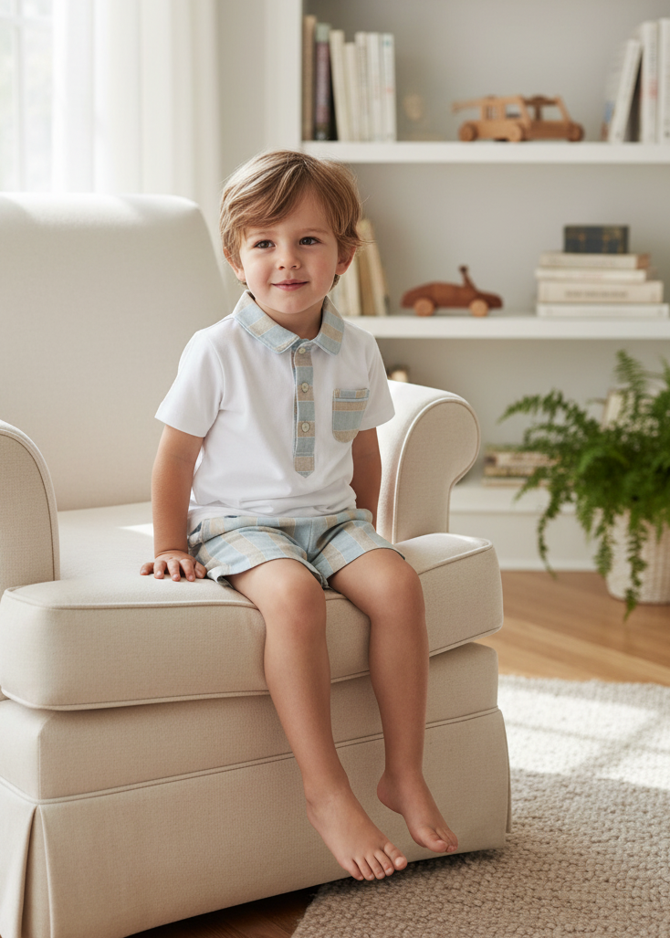 Little boy wearing white polo with blue and cream striped shorts in elegant setting