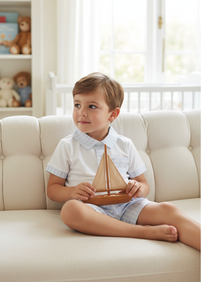 Little boy wearing white polo with blue trim and striped shorts in elegant setting