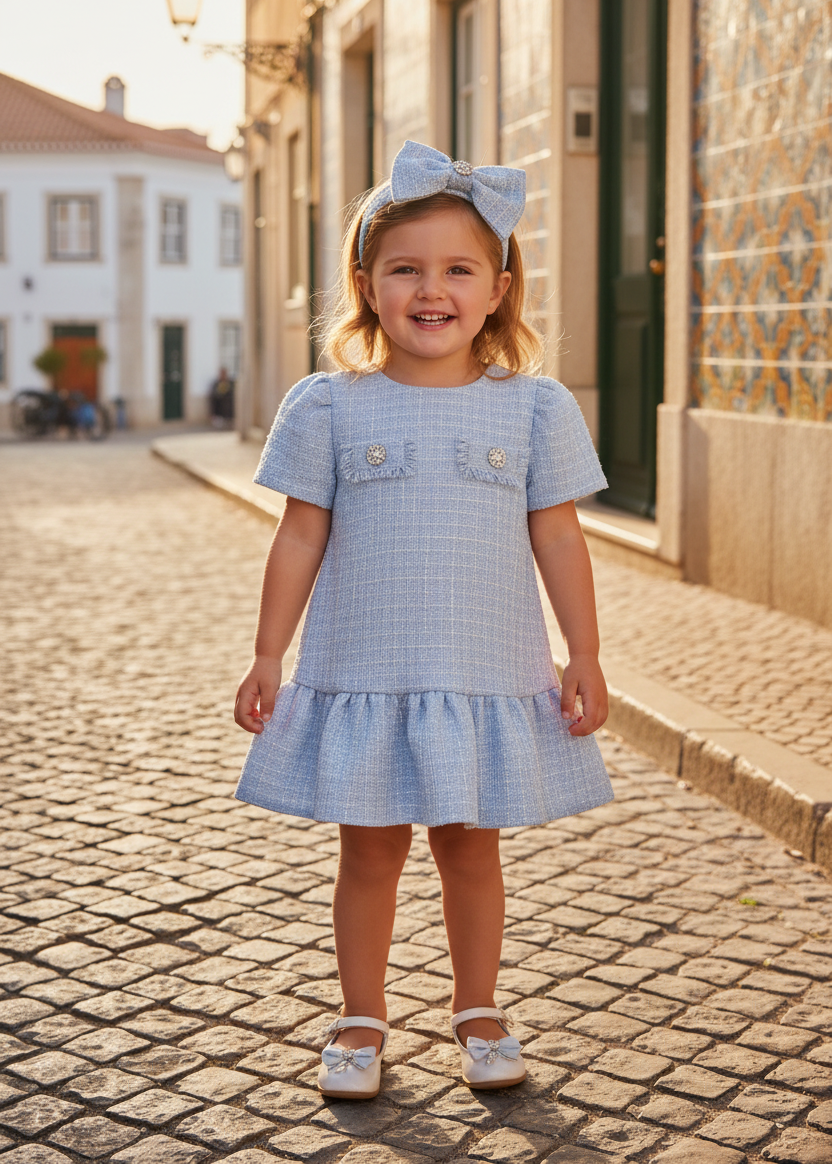 Little Girl Blue Tweed Dress and Headband in Portugal