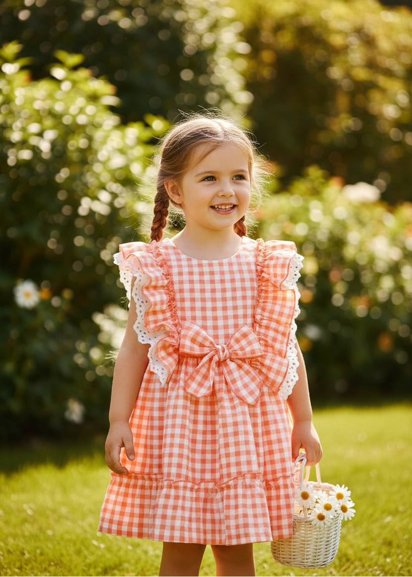 Little girl in coral gingham dress outdoors